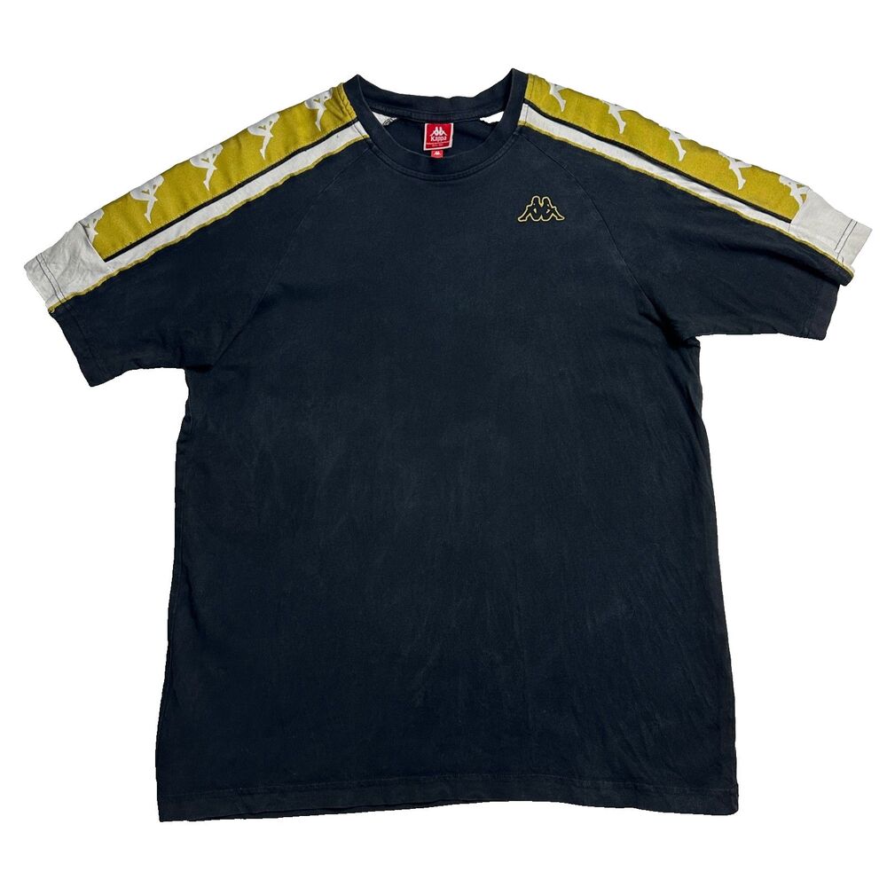 Kappa Authentic T-Shirt Mens Large Black Yellow Gold Logo Tape Sleeve Athletic